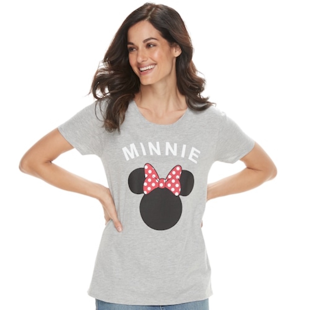 Disney Minnie Mouse Gray Graphic Tee Red Polka Dot Bow Shirt Large L